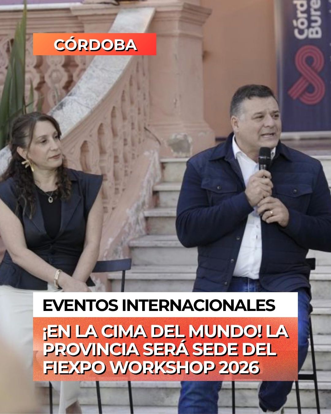 Anuncio de Córdoba como sede de FIEXPO 2026 con Darío Capitani, Andrés Benetti y Vivian Nardone en el Chateau Carreras